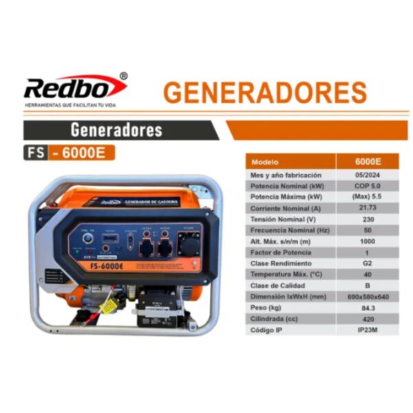 Generador Gasolina FS-6000E 5,5 KVA REDBO - Image 3